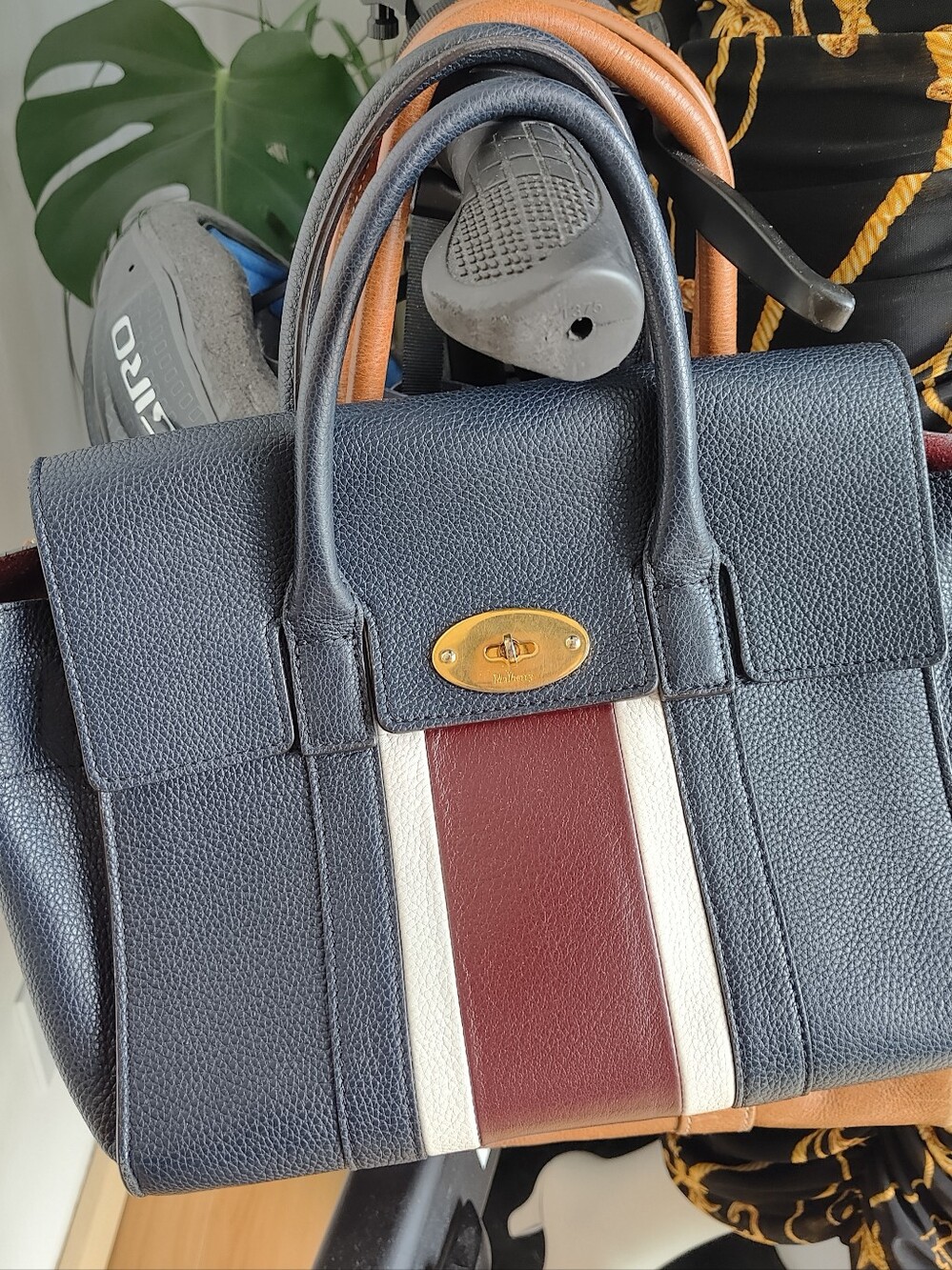 Black Leather Handbag with Brown and Cream Stripe with strap handle